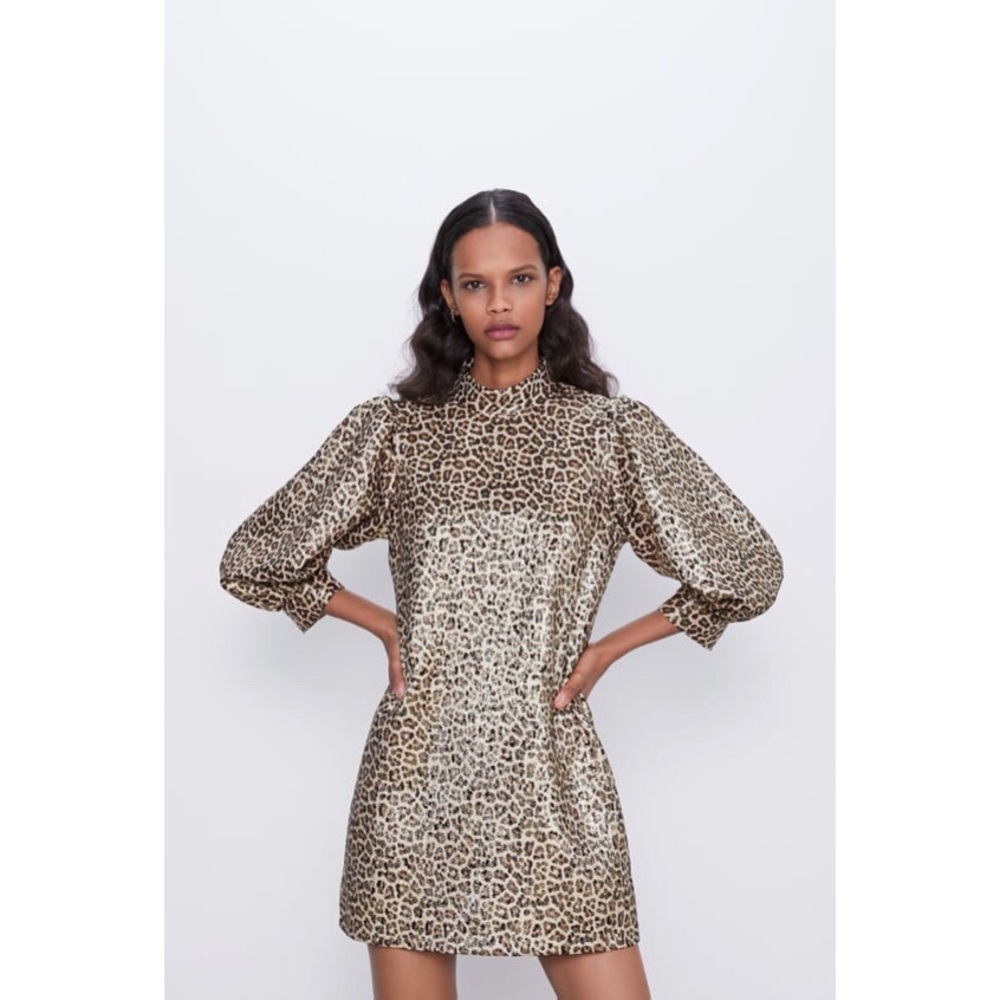 NWT Zara Puff Sleeve Leopard Metalic Dress